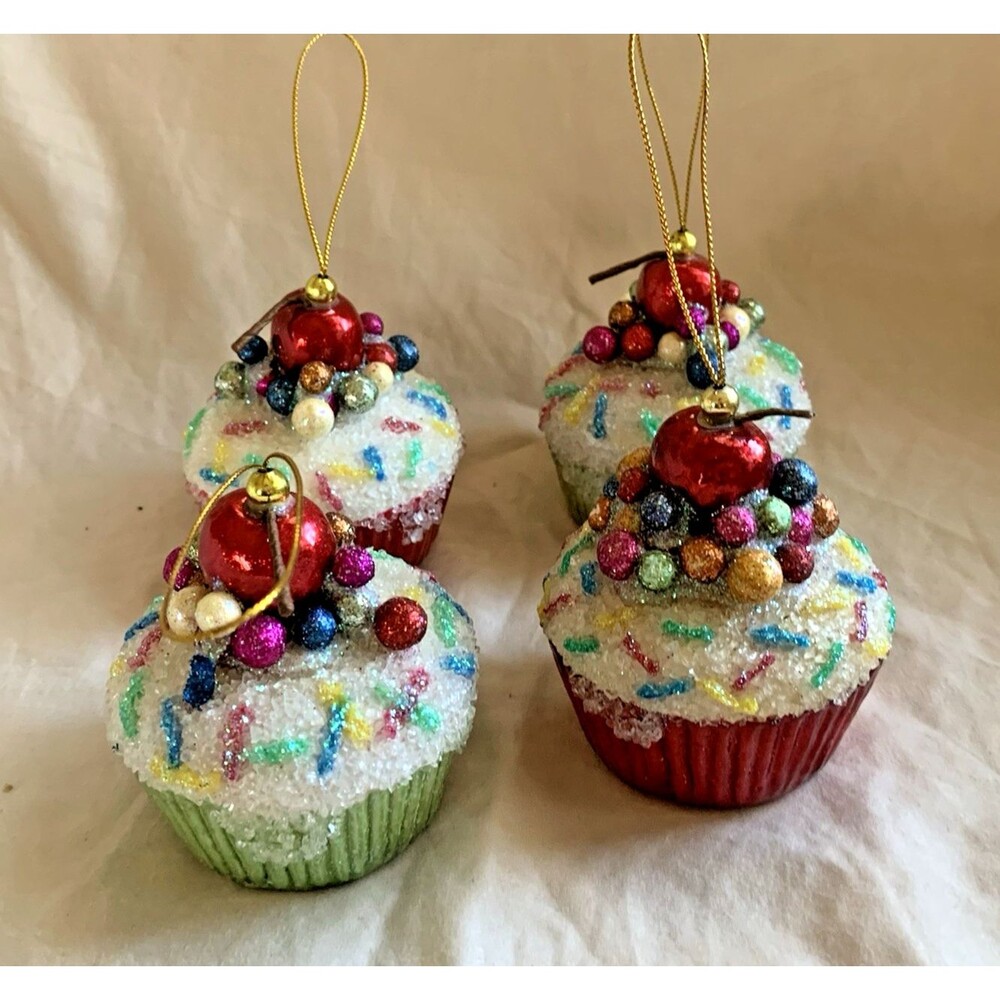 Vintage Christmas Ornament Cup Cakes Glitter Sprinkles, Set Of 4, Red Green 3”